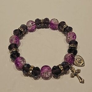 SMOKE CRYSTAL, GLASS BEADS & Rhinestone Rondells w ITALY Cross & Heart Bracelet